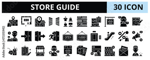 30 Store Guide Glyph Icons Vector - Stock, Cashier, Entrance, Open Sign, Close Sign, Elevator, Promotion, Staff Assistance, Wayfinding