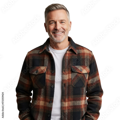 Smiling man in plaid shirt isolated on transparent background