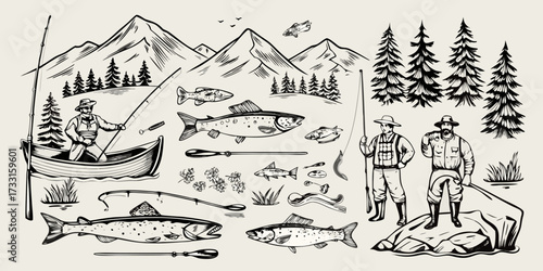 Vintage illustration of fishermen and trout in a mountainous landscape with fishing gear