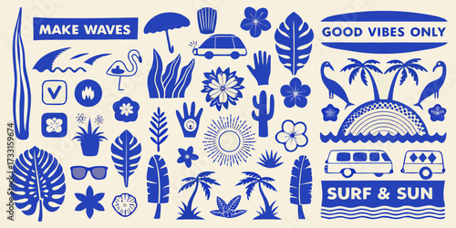 Collection of blue tropical and summer icons and phrases on a cream background