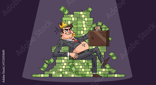 Greedy Wealthy Man King on Cash Throne Holding Briefcase - Power and Financial Success Concept