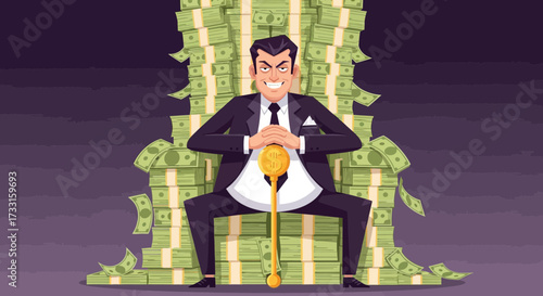 Rich Man Sitting on Throne of Cash Holding Golden Scepter, Symbolizing Financial Power, Success, and Greed
