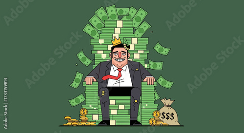 Wealthy man with crown on money throne, surrounded by cash. Financial success and power concept illustration.