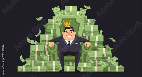 A cartoon illustration of a wealthy man wearing a crown, sitting on a throne made of money.