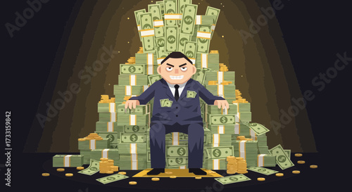 Wealthy Businessman King on Throne of Cash Stacks - Financial Power and Abundance Concept