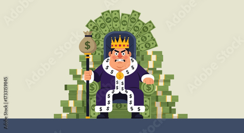 Angry King on Throne of Cash. Illustration of Wealth, Power, Greed, and Financial Dominance.