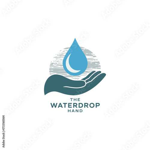 Blue water droplet with protective hand, community support symbol, fresh eco branding, modern flat mark, vector illustration