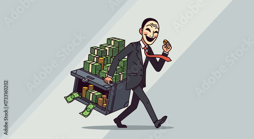 Cartoon illustration of a man in a suit and mask carrying a briefcase overflowing with stacks of money, smiling and holding a coin.