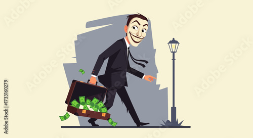 A masked man in a suit walks with a briefcase overflowing with money near a lamppost.