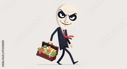 Cartoon depiction of a sly-looking character in a suit carrying a briefcase overflowing with money.