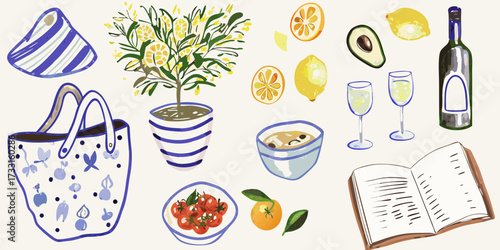 A delightful collection of fresh ingredients and picnic items including a lemon tree wine and a book