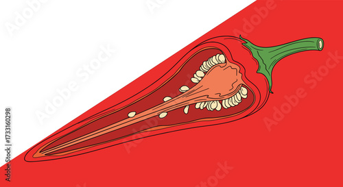 An illustration of a halved red chili pepper showing its seeds and inner flesh.