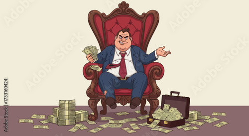 A wealthy man sits in a luxurious chair, surrounded by money, appearing arrogant.