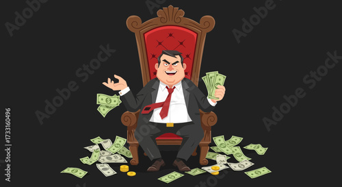A cartoon illustration of a wealthy businessman sitting on a throne, surrounded by money.