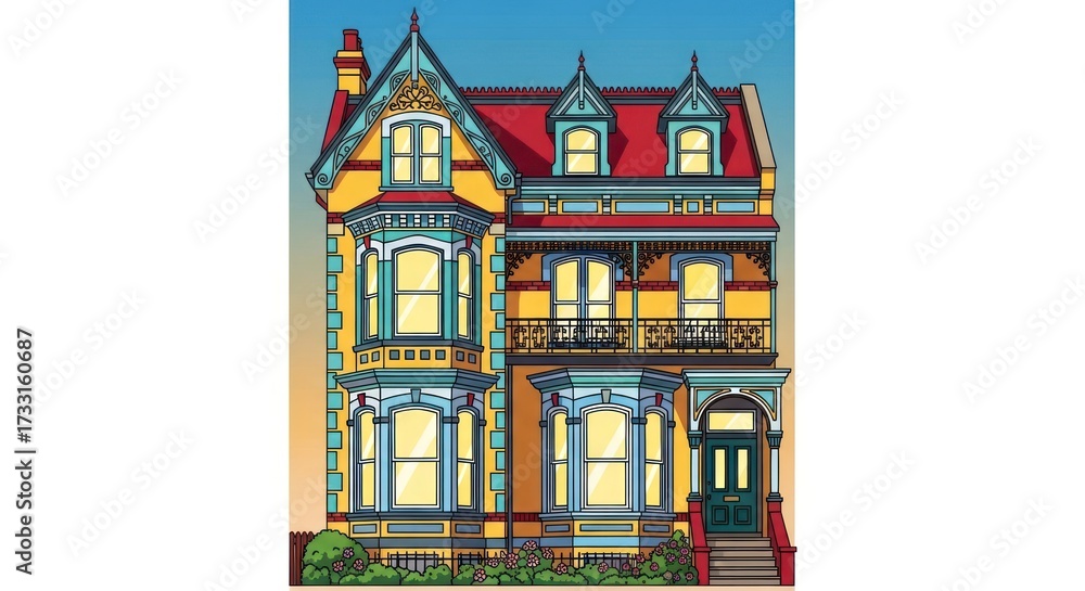 Fototapeta premium Colorful victorian house illustration with detailed architectural elements
