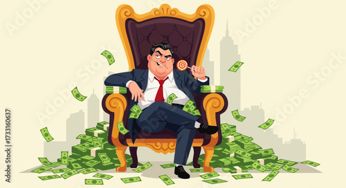 A wealthy businessman sits on a throne, surrounded by money, with a city skyline in the background.