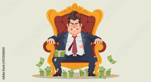 Cartoon illustration of a smug, overweight man in a tattered suit sitting on an ornate golden throne with stacks of money around him.