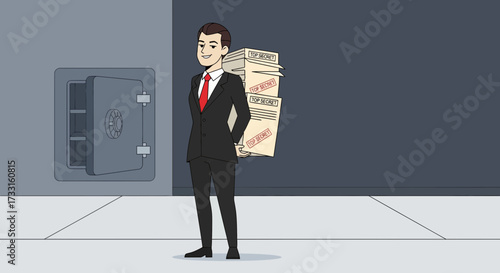 A well-dressed businessman carries a stack of classified documents near a vault.