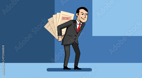 Cartoon illustration of a businessman carrying a large stack of documents labeled "Secret" on his back.