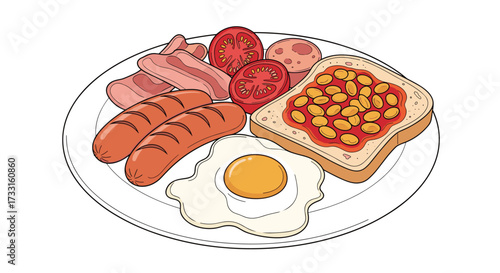 A delicious cooked breakfast with sausages eggs toast bacon beans and tomatoes.