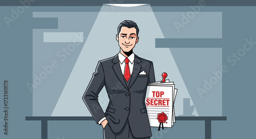 A smiling businessman illuminated by a spotlight, holding a "Top Secret" document.