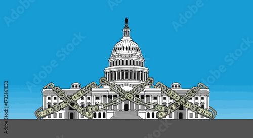 The United States Capitol Building is depicted chained with money, suggesting corruption or financial influence.