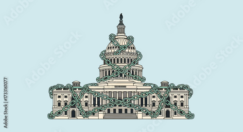 Illustration of the United States Capitol Building entwined and constricted by green vines or snakes, set against a light blue background.