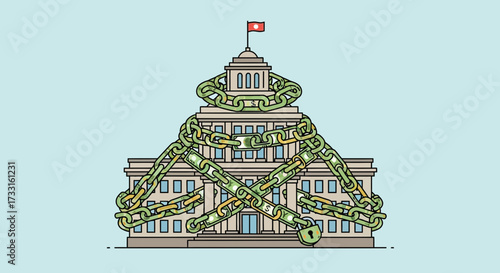 A government building is wrapped and chained with large, gold-colored chains, restricting access.