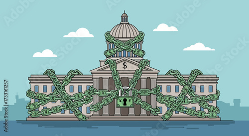 A government building is depicted entangled in chains made of dollar bills, secured with a padlock, suggesting financial constraints or corruption.
