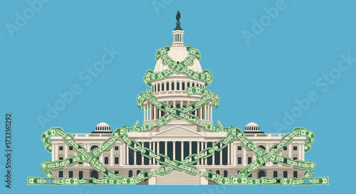 The US Capitol Building, adorned with garlands of money, symbolizes financial influence.