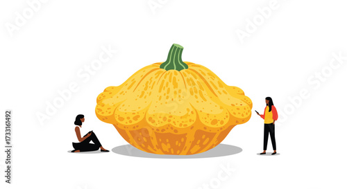 Two tiny people interact with a giant yellow squash.