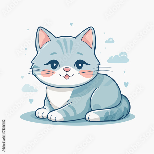 Charming cartoon illustration of a cute, fluffy blue and white striped kitten with big, bright eyes and a gentle smile, resting peacefully
