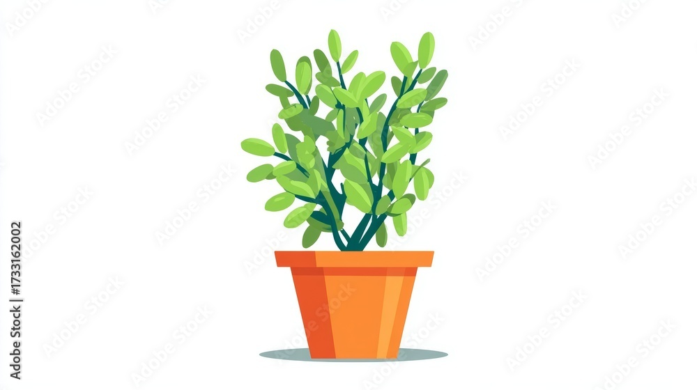 Obraz premium A vibrant green leafy plant growing in a simple orange terracotta pot on a white background, illustrated in a cartoon style.