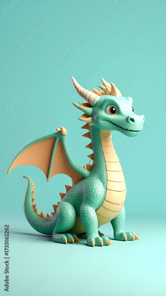 Obraz premium A vibrant green dragon figurine with intricate scales and shimmering eyes sits majestically atop a rustic wooden table, casting playful shadows.