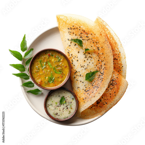 Delicious masala dosa with sambar and chutney isolated on transparent background