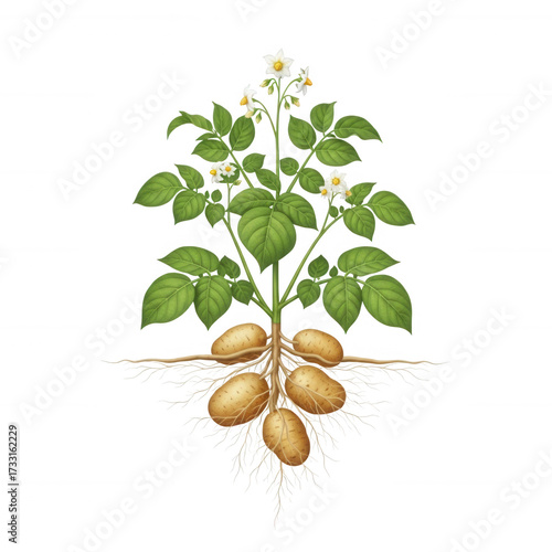 Potato plant with tubers and flowers isolated on a transparent background root