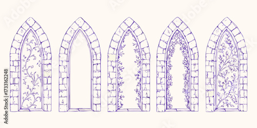 Collection of gothic arched windows with intricate floral vine designs and stone textures