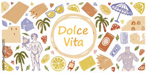Dolce vita summer vacation collage with mediterranean elements and tropical vibes