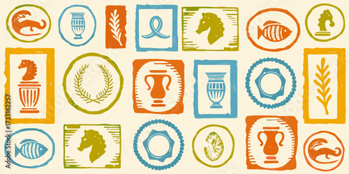 Collection of stylized ancient greek inspired icons and symbols in a repeating pattern