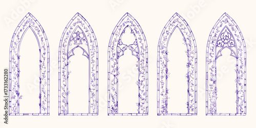 Collection of five ornate gothic arched windows adorned with delicate floral vine illustrations