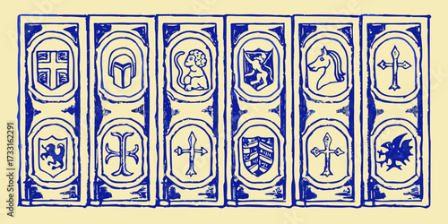 Medieval heraldic symbols and crests in blue ink on a parchment background