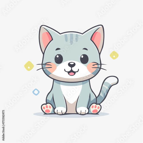 An adorable grey kitten illustration, sitting calmly with bright eyes and a friendly smile, radiating pure innocence and playful charm, perfect for children's designs