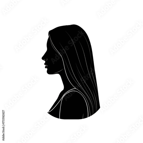 black silhouette of woman with long hair isolated on a white background 