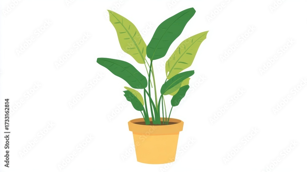 Fototapeta premium Illustration of a potted plant with large green leaves and a yellow pot, isolated on white.