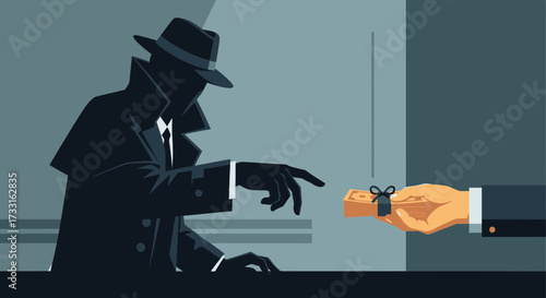 A shadowy figure in a fedora pointing at a ring offered by a hand.