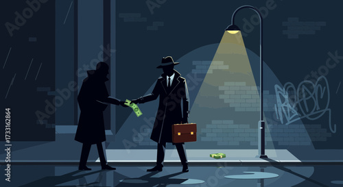 Two figures in trench coats exchanging money under a street lamp in a dark alley.