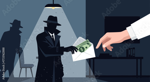 A shadowy figure in a trench coat and fedora receives an envelope of money in a dimly lit room, with another figure lurking in the background.