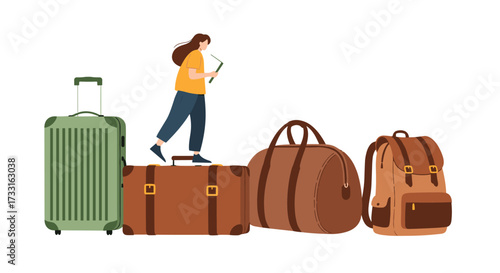 A woman is standing on luggage while checking her phone.