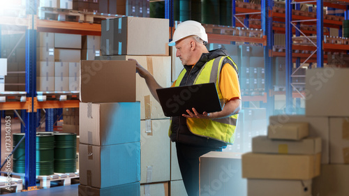 Worker with laptop checks c...