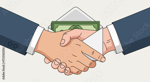 Handshake between two people with an envelope full of money in the background suggesting corruption.